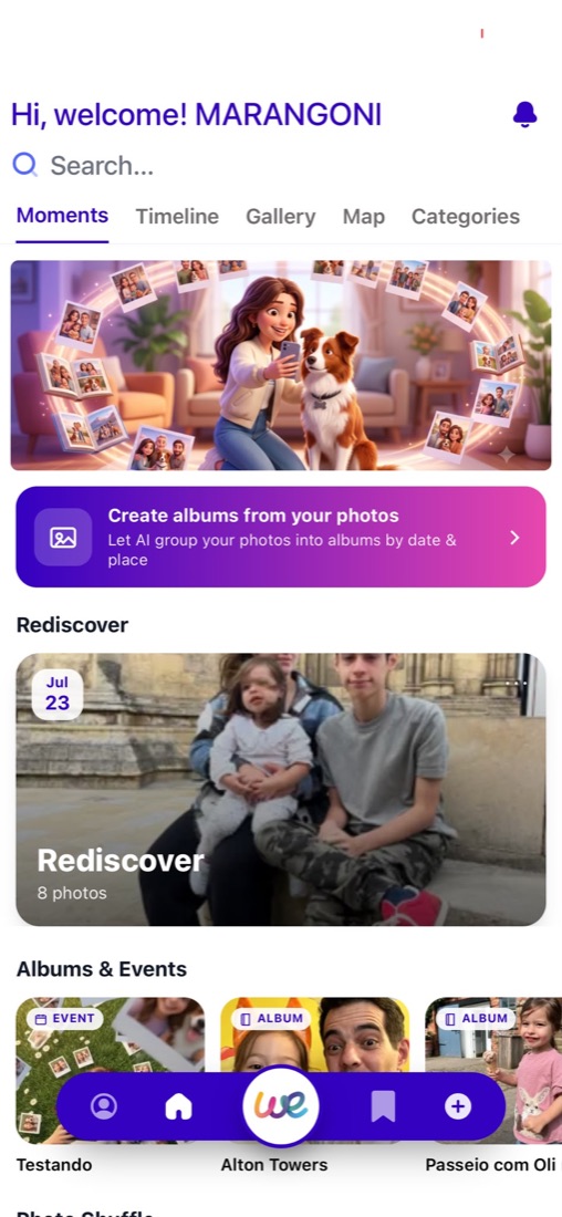 We home screen with memories, smart albums and events