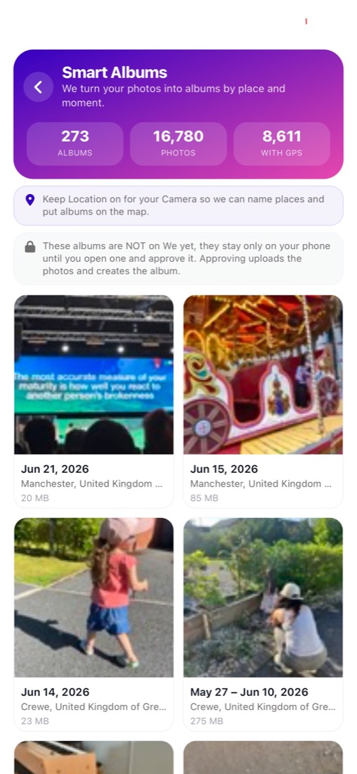 We Smart Albums screen, showing albums grouped by place and date
