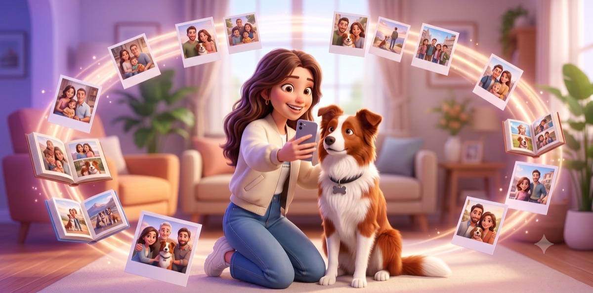 A family reliving their photo memories together in the We app